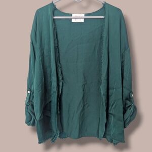 Brand Bazar Emerald Green Silk Fringe Open Front Roll-Tab Lightweight Cardigan